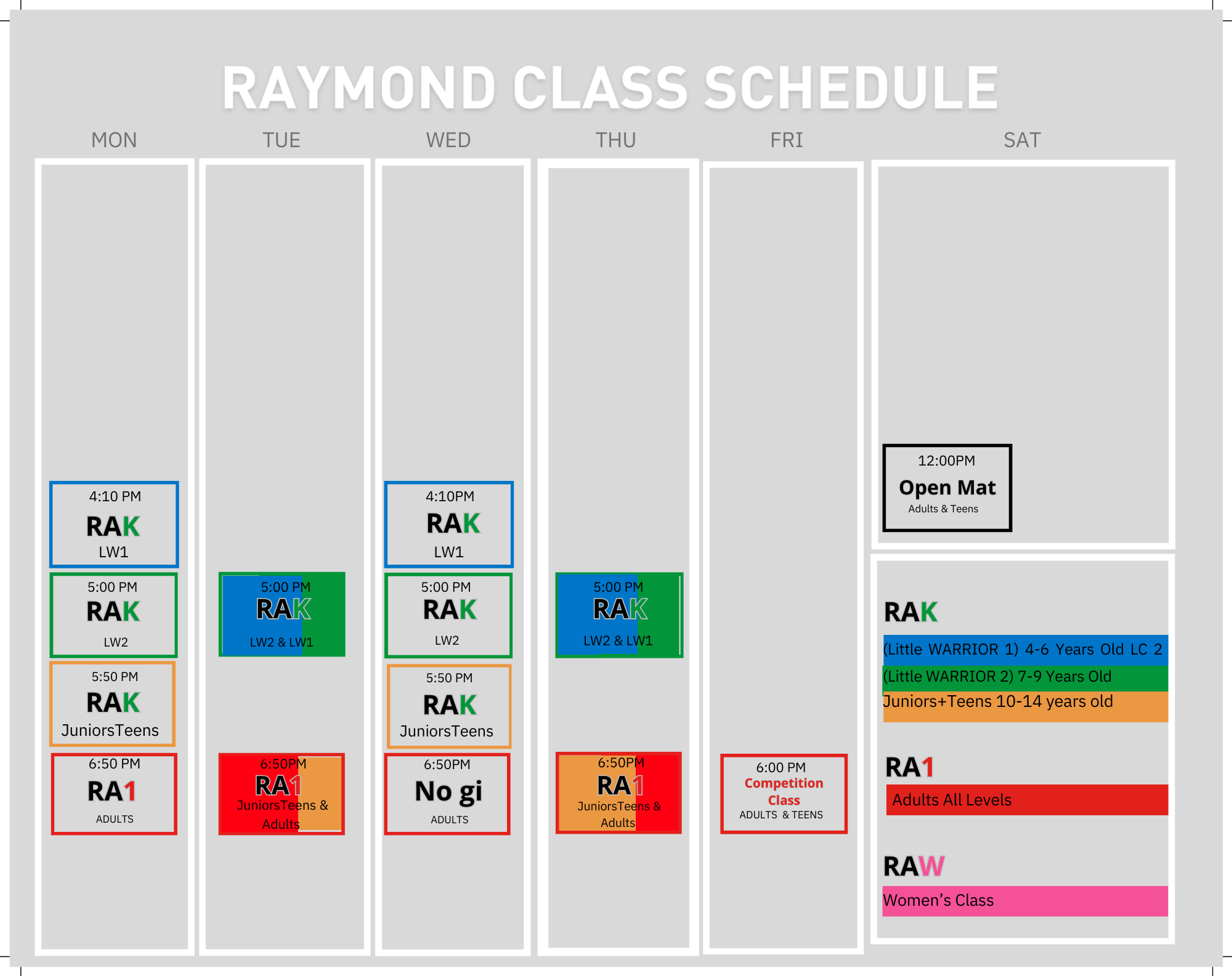 Raymond Martial Arts Academy Weekly Schedule